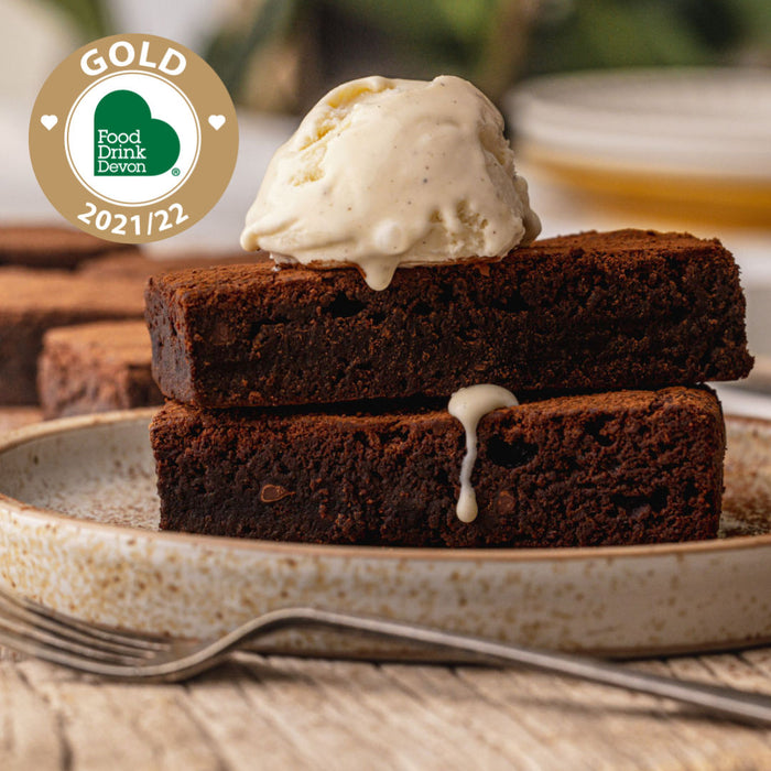 Double chocolate gluten-free brownie with ice cream
